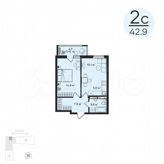 2-к. квартира, 42,9 м², 2/12 эт.