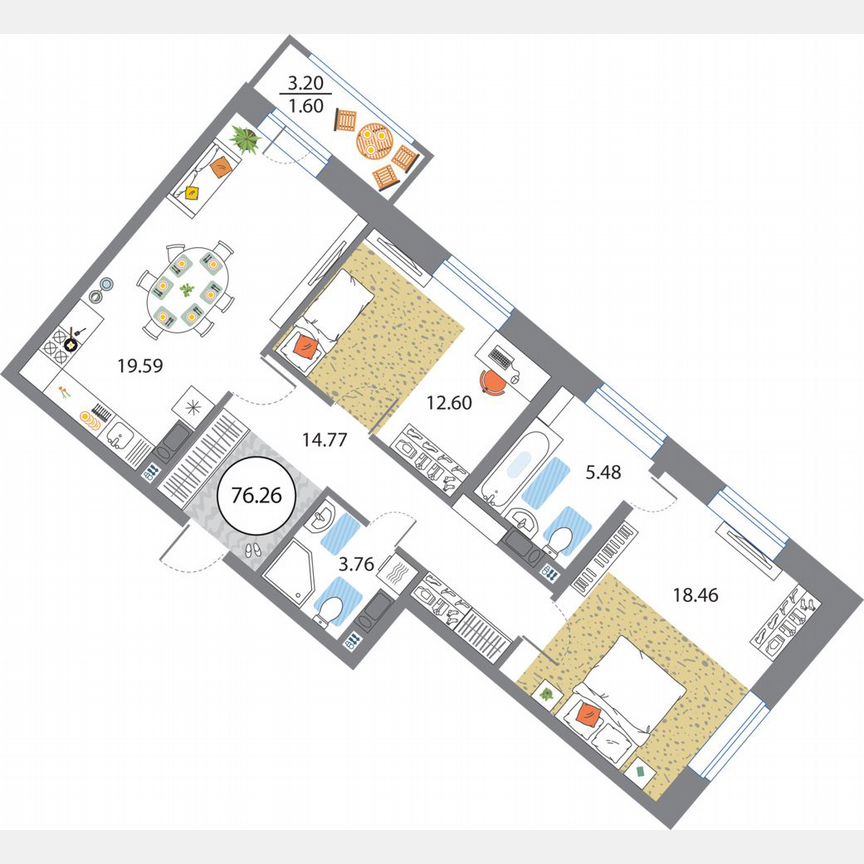 2-к. квартира, 76,3 м², 8/12 эт.