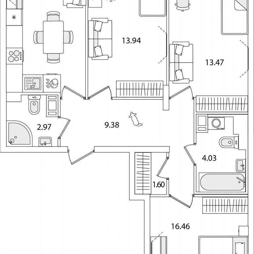 3-к. квартира, 77,1 м², 6/9 эт.