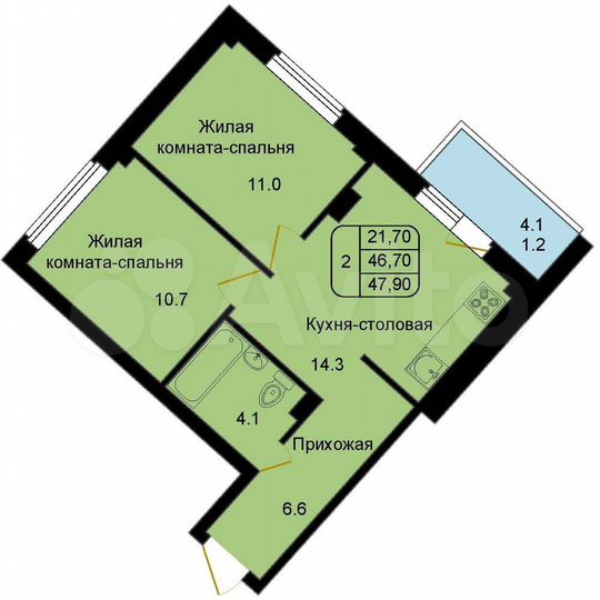 2-к. квартира, 47,9 м², 4/8 эт.