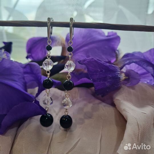 Серьги с черным агатом и горным хрусталем