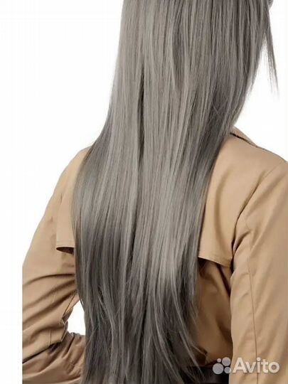 Парик длинные серые волосы до пояса с челкой