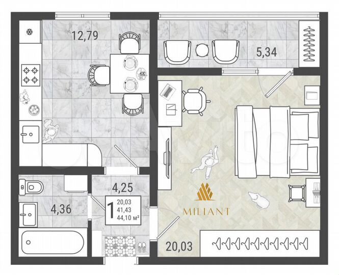 1-к. квартира, 44,1 м², 2/9 эт.