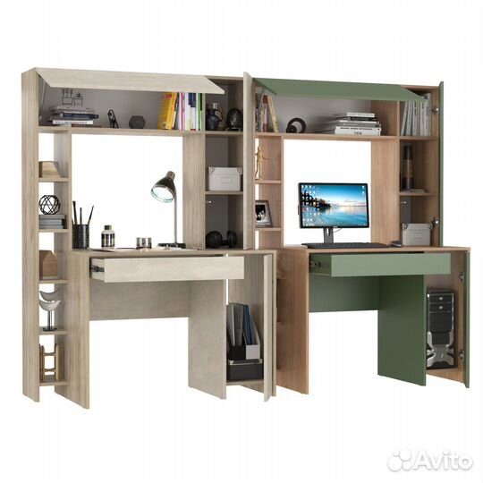 Два стола с надстройкой Mobi Комфорт 12.71 цвет кр.серый/шёлк.камень/гикори/дым.зеленый