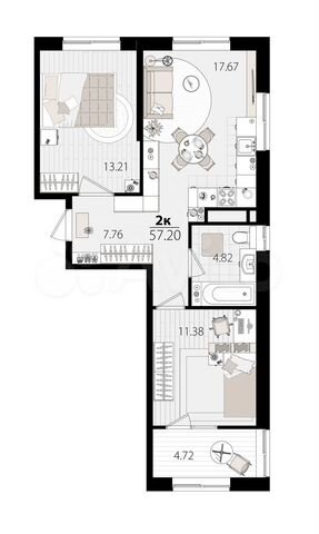 2-к. квартира, 56,9 м², 6/18 эт.