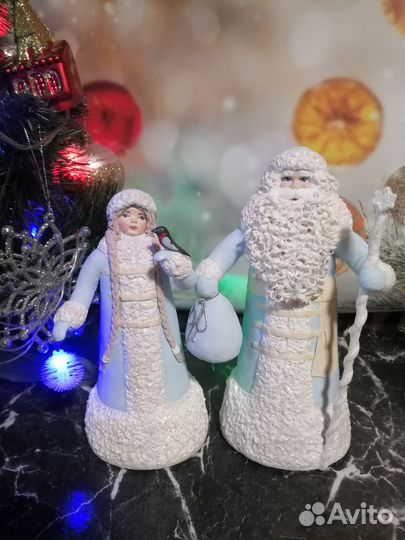 Дед мороз и снегурочка под елку. Ватные игрушки
