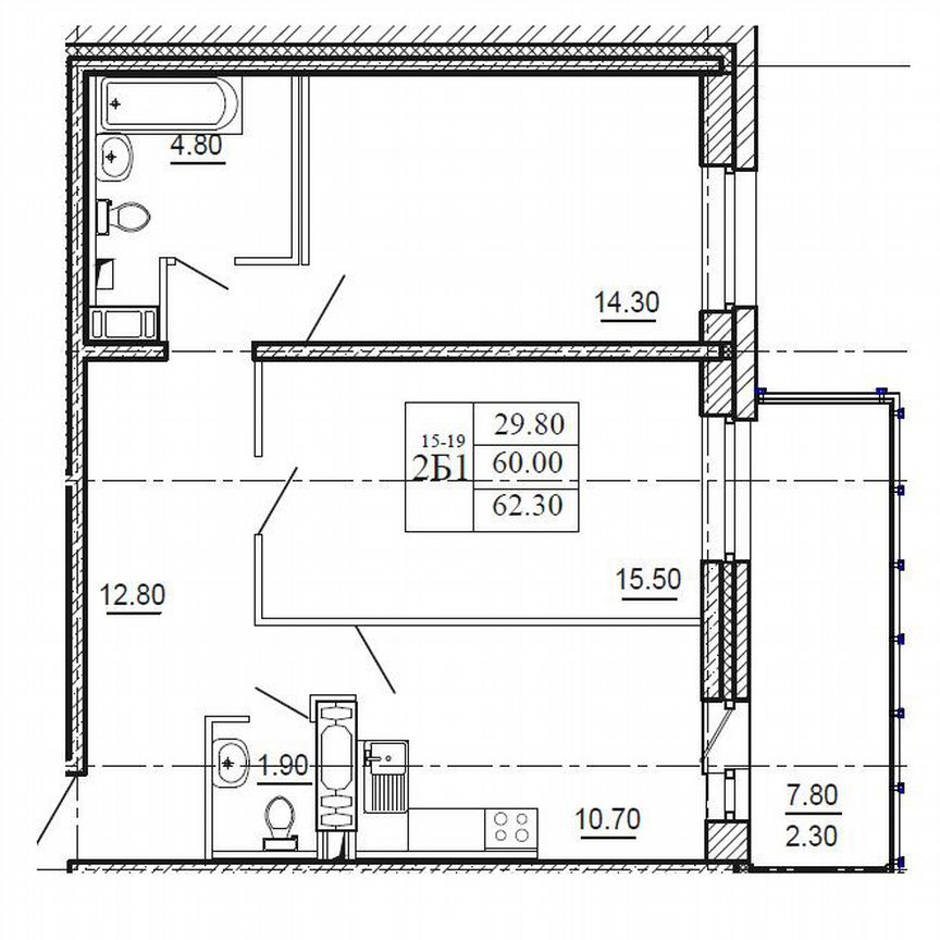 2-к. квартира, 62,3 м², 18/19 эт.