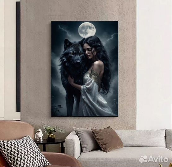 Картина на холсте девушка с волком Премиум холст