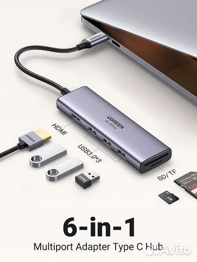 Док-станция Ugreen Type-C 6-в-1 hdmi 4K 60гц