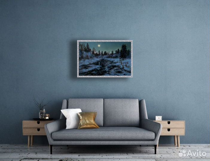 Картина маслом Лунная ночь Деревенский пейзаж