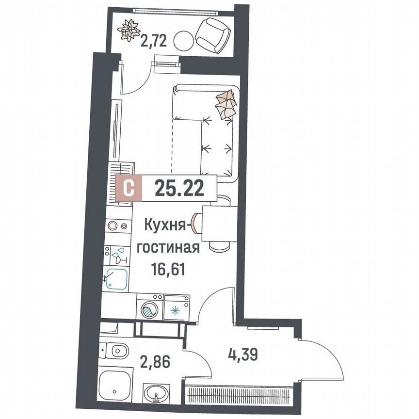 Квартира-студия, 25,2 м², 13/18 эт.