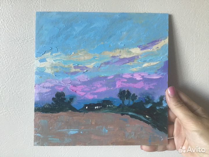 Картина маслом пейзаж/ озеро/ море/закат
