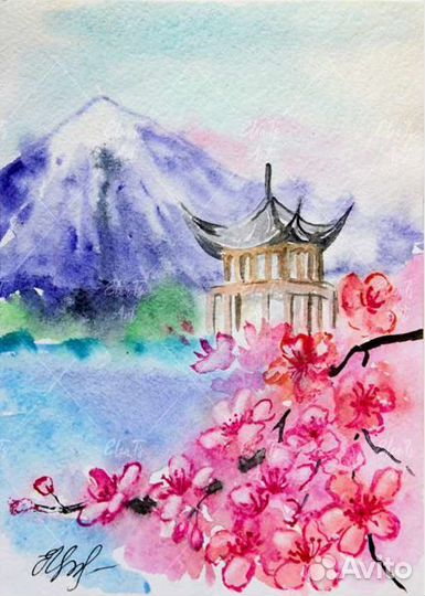 Картина акварель. Горы, море, сакура, японский дом