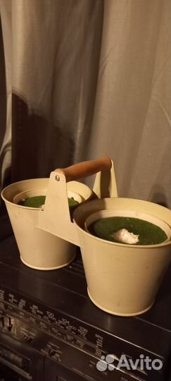 Кашпо металлическое двойное с деревянной ручкой