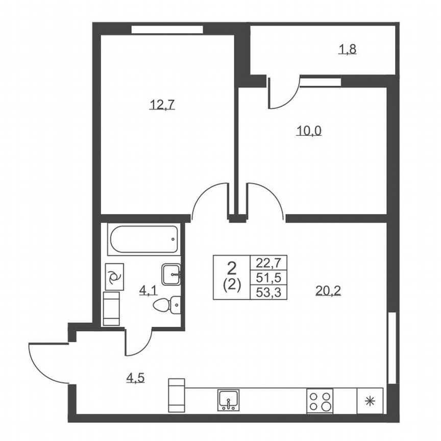 2-к. квартира, 53,3 м², 2/8 эт.