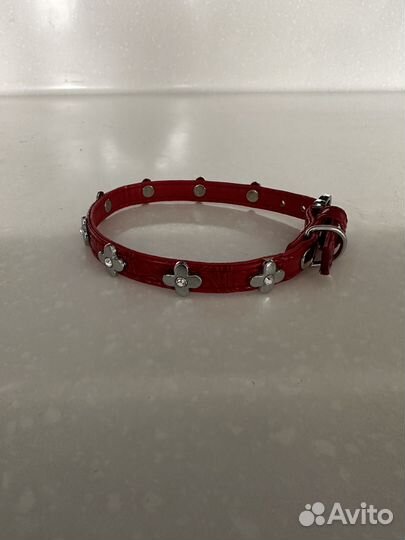 Ошейник красный натуральная кожа со стразами