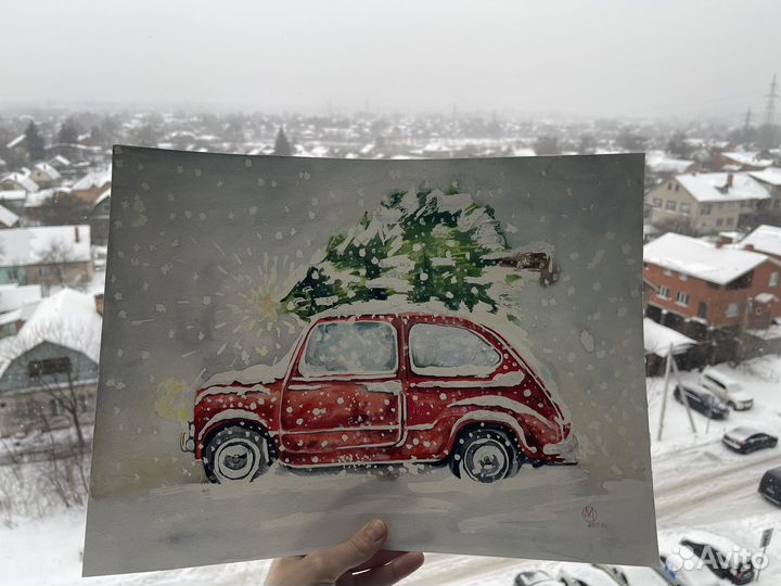 Картина акварелью новогодняя