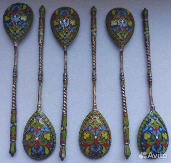 Серебряные ложки 84 позолота эмаль клеймо гб