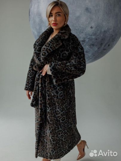 Шуба эко мех леопард макси