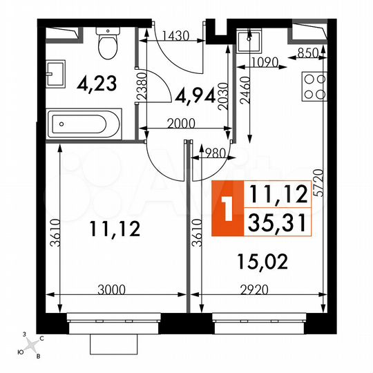 1-к. апартаменты, 35,3 м², 15/15 эт.