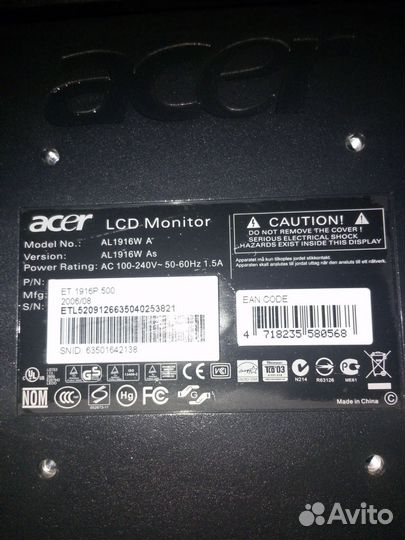 Монитор acer model 1916 w