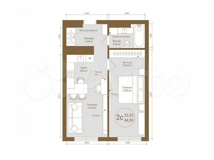 2-к. квартира, 44,9 м², 16/25 эт.