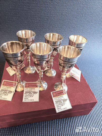 Комплект, набор серебряных рюмок, стопок Кубачи