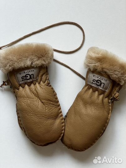 Варежки UGG коричневые кожаные с овечьей шерстью