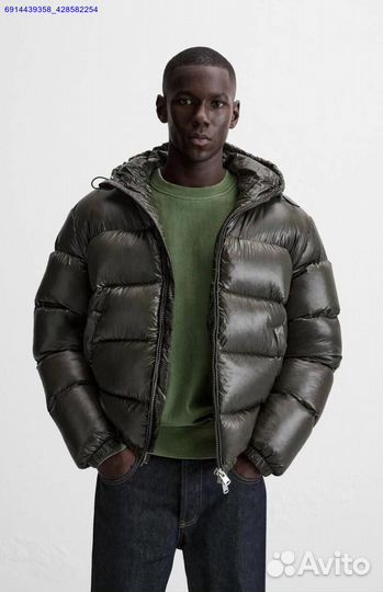 Пуховик Zara x Moncler Глянцевый Хаки (Арт.13099)