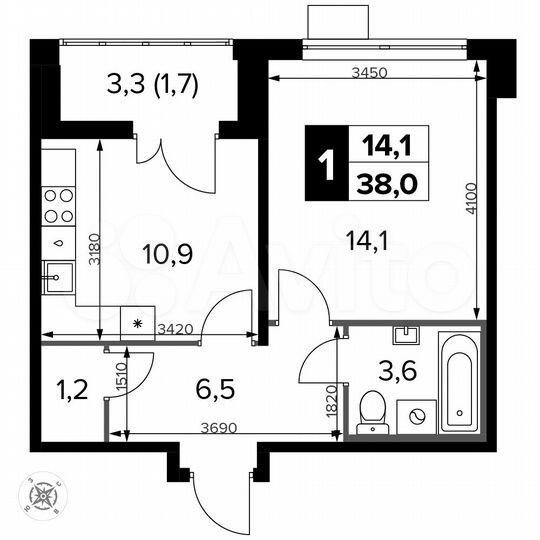 1-к. квартира, 38 м², 11/13 эт.