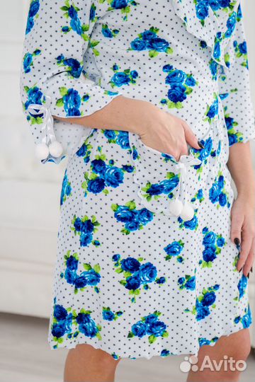 Халат женский из велюра Светлана синие цветы