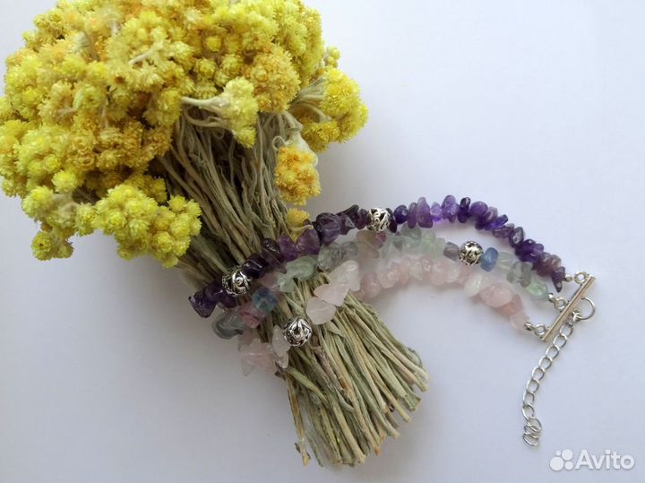 Браслет из аметиста, флюорита и розового кварца