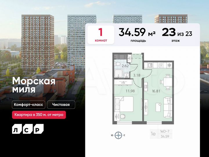 1-к. квартира, 34,6 м², 23/23 эт.