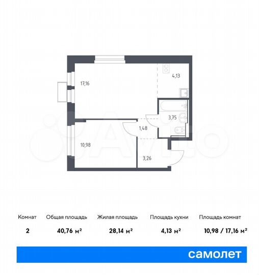 2-к. квартира, 40,8 м², 11/17 эт.