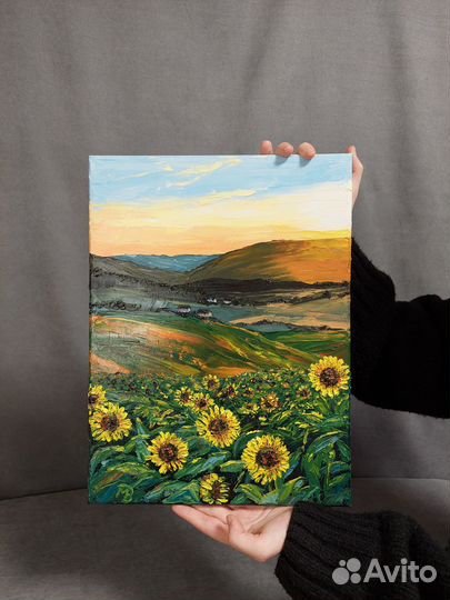 Картина маслом на холсте Подсолнухи на закате