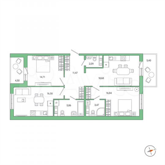 3-к. квартира, 92,8 м², 9/9 эт.