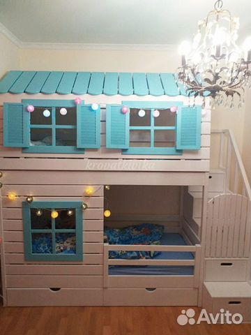 Двухъярусная детская кровать домик, лестница комод