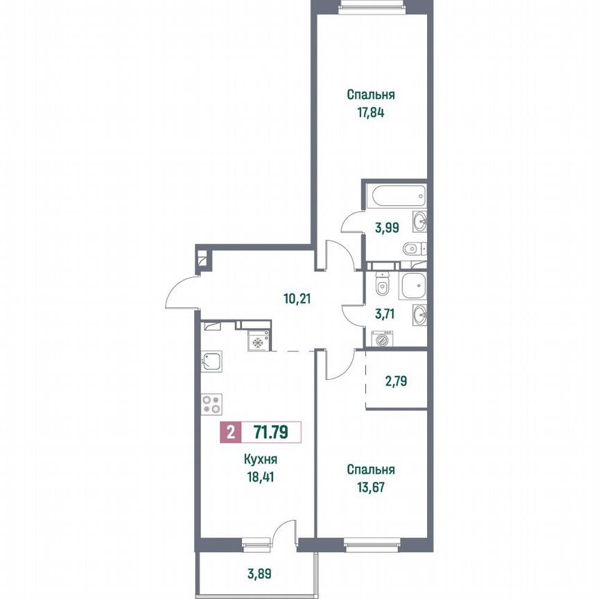 2-к. квартира, 71,8 м², 9/16 эт.