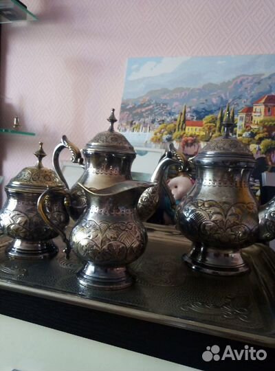 Кофейно-чайн. латунный сервиз с серебрениемиз СССР