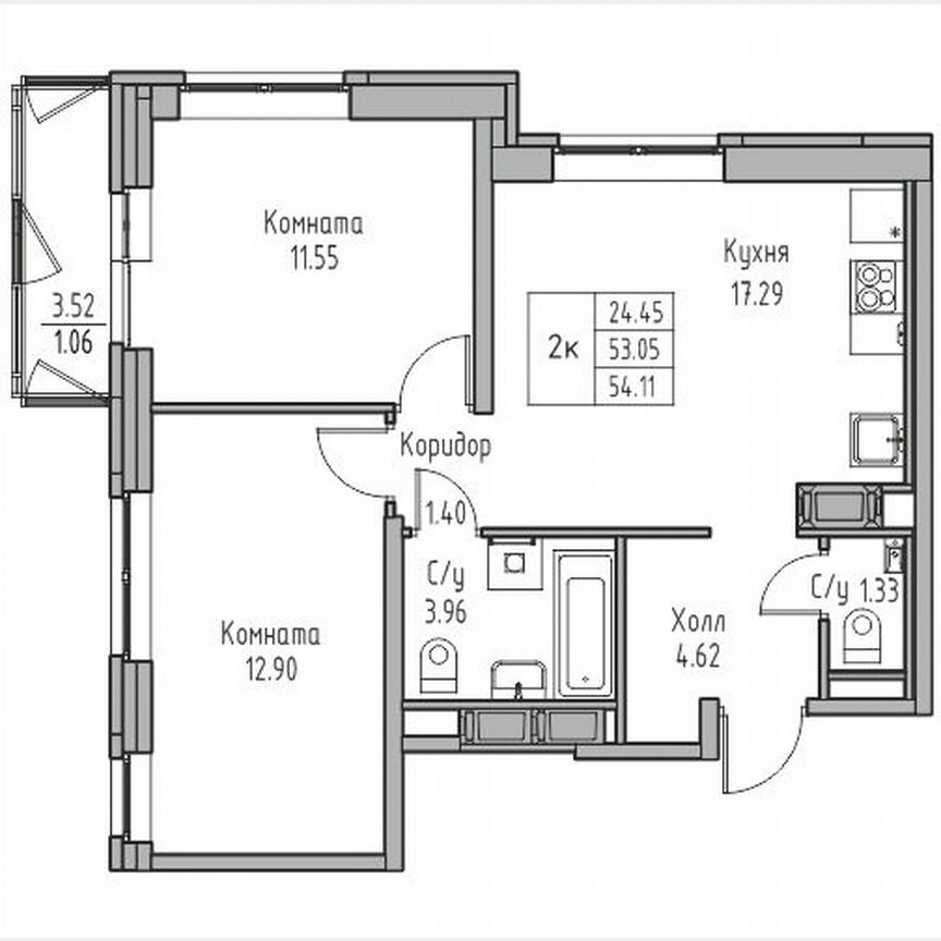 2-к. квартира, 54,1 м², 7/23 эт.