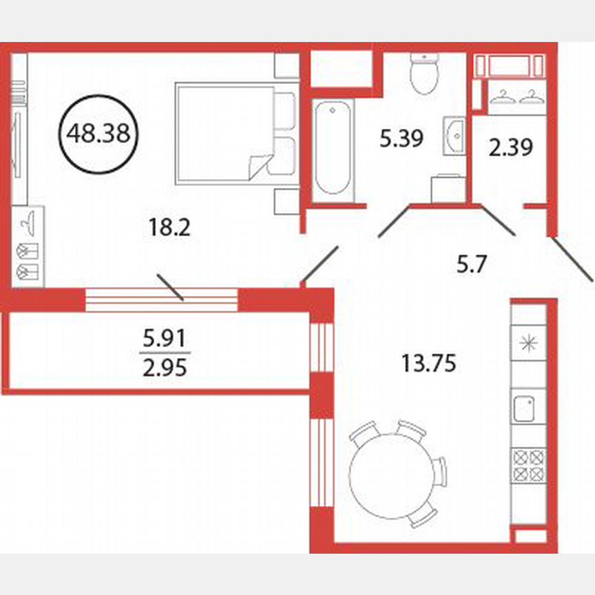 1-к. квартира, 48,4 м², 5/12 эт.