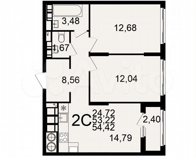 2-к. квартира, 54,4 м², 23/25 эт.
