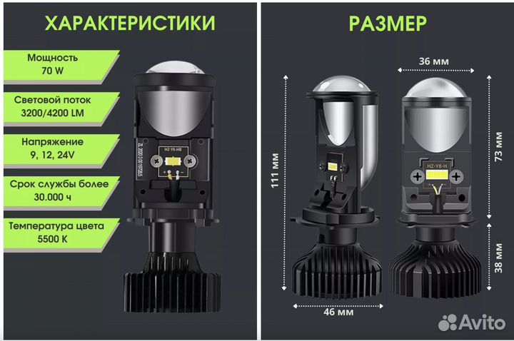 Светодиодные лампы с мини линзами H4 Y6D,LED лампа