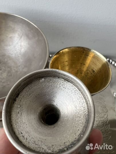 Мельхиор креманка,рюмки-кокотницы, поднос метал