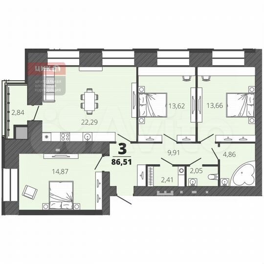 2-к. квартира, 86,5 м², 1/16 эт.