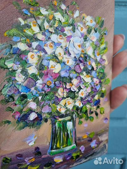 Картина маслом цветы в вазе натюрморт 10х15 см