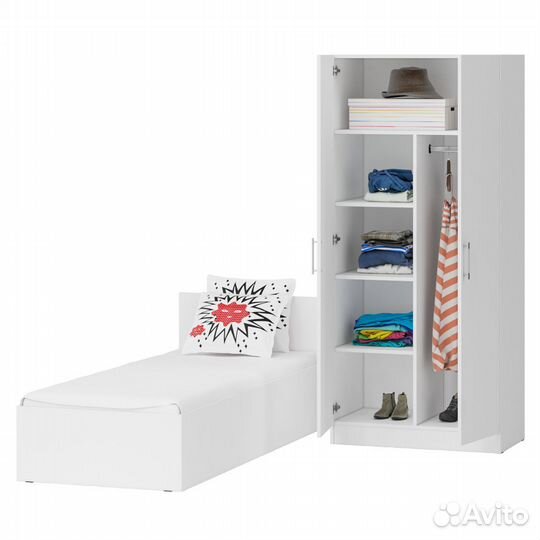 Кровать белая односпальная 800 со шкафом для одежды 2-х створчатым Стандарт, цвет белый, спальное ме