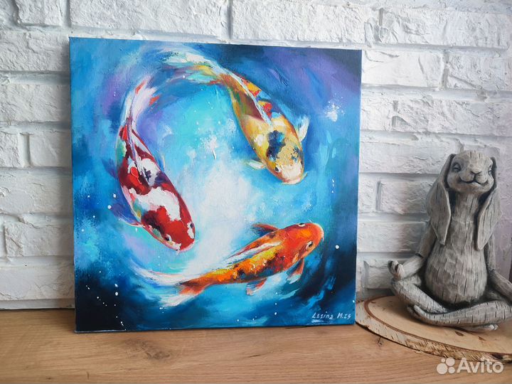 Картина маслом на холсте с карпами Кои 40/40 см