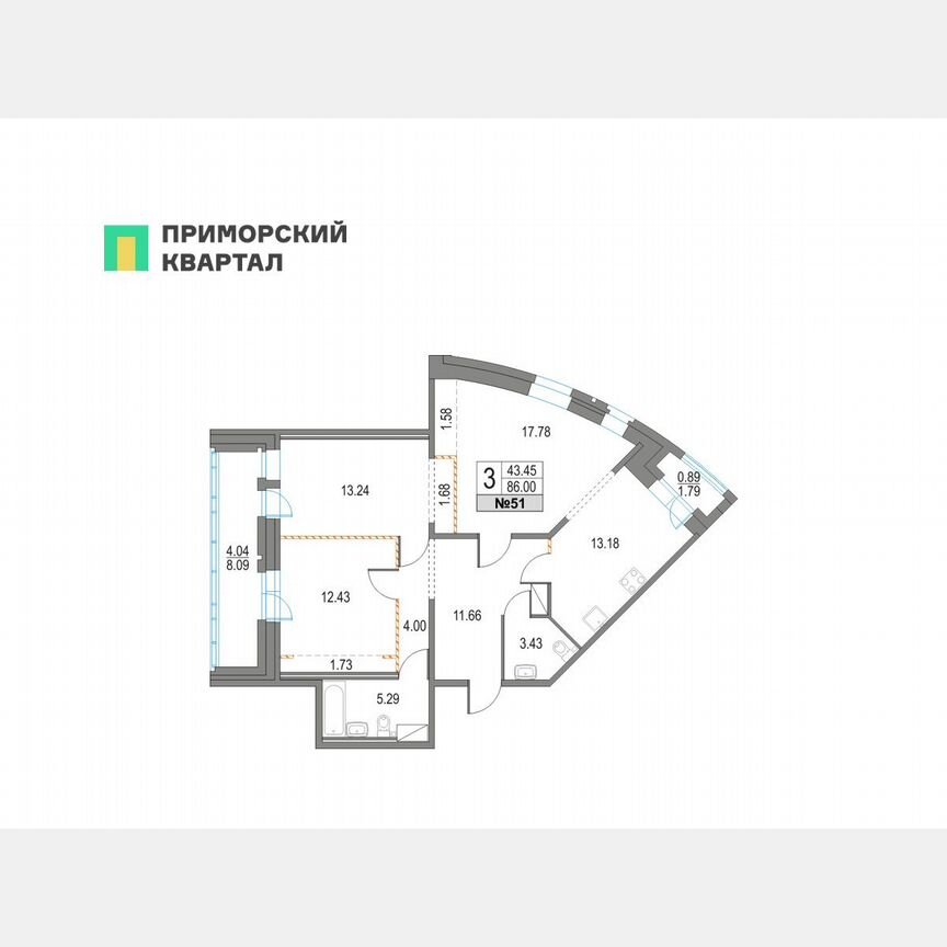 3-к. квартира, 86 м², 12/25 эт.