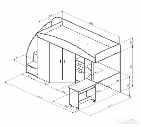 Кровать чердак со столом и шкафом